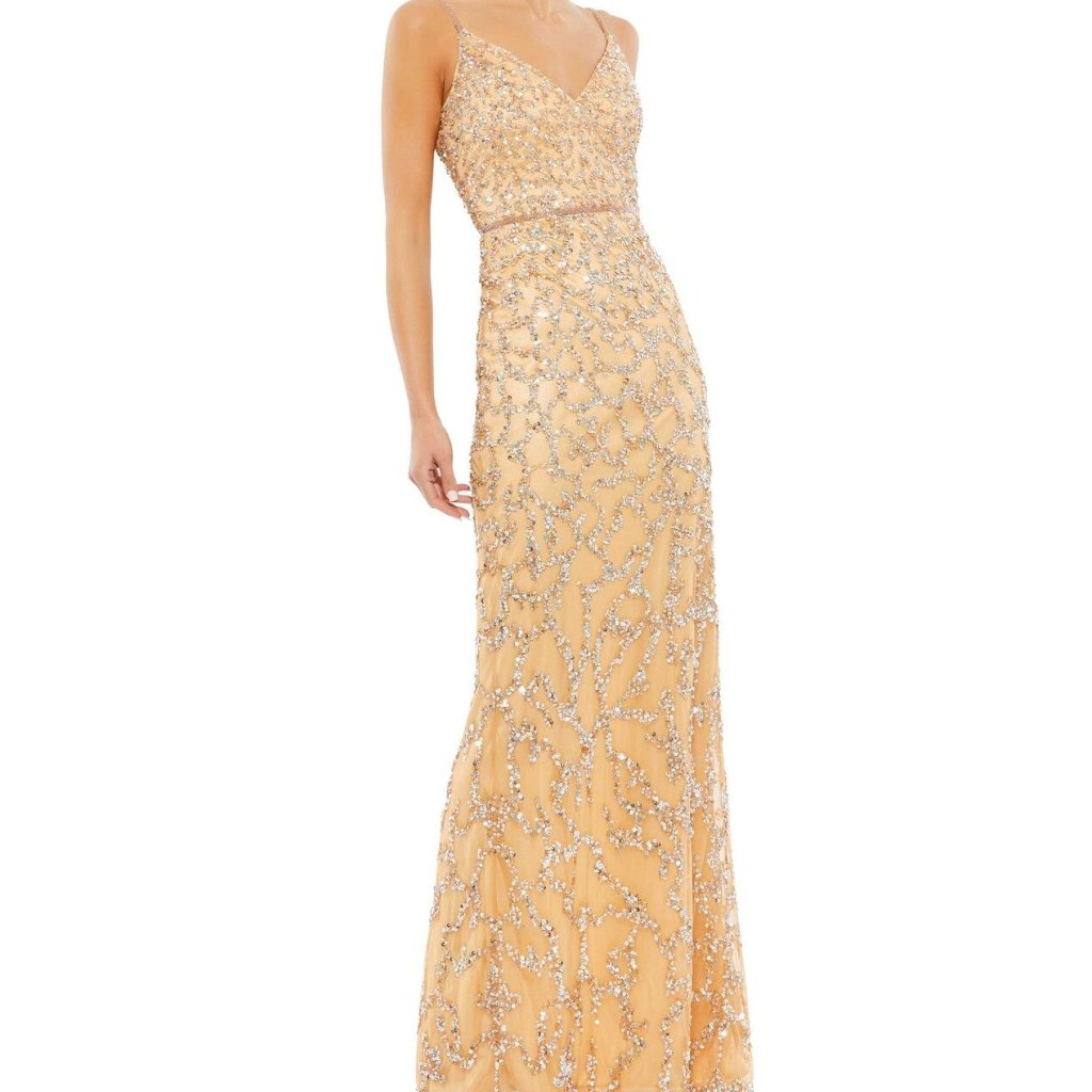 New Mac Duggal Sleeveless V-Neck Beaded Column Gown Nude 5481